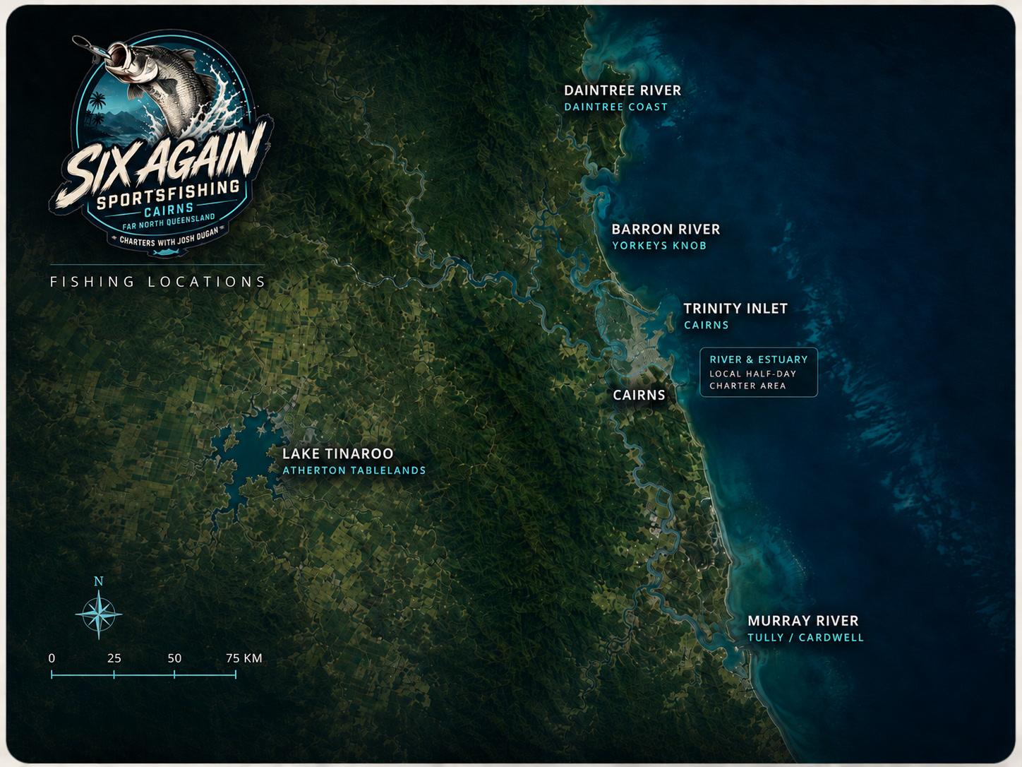 Map of Six Again Sportsfishing's fishing locations across Far North Queensland